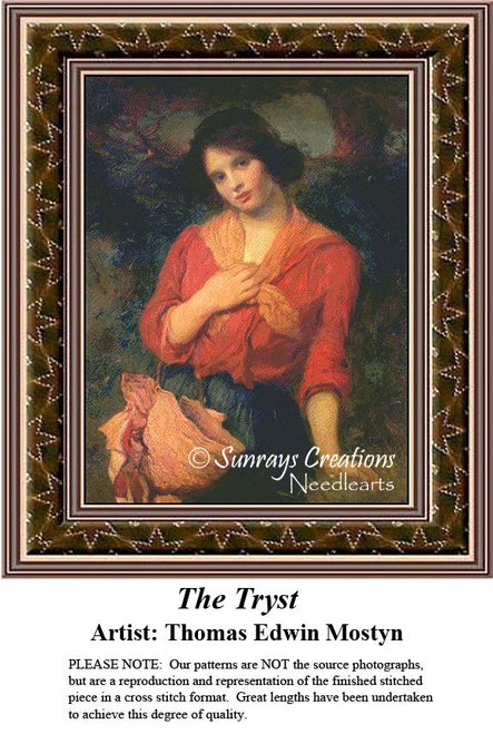 A young woman in a red shawl gazes softly, surrounded by lush greenery, in this Thomas Edwin Mostyn digital pattern from Sunrays Creations.