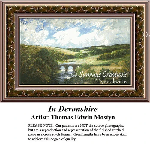 A serene landscape of rolling hills and a stone bridge under a cloudy sky, created as a counted cross stitch pattern by Thomas Edwin Mostyn.