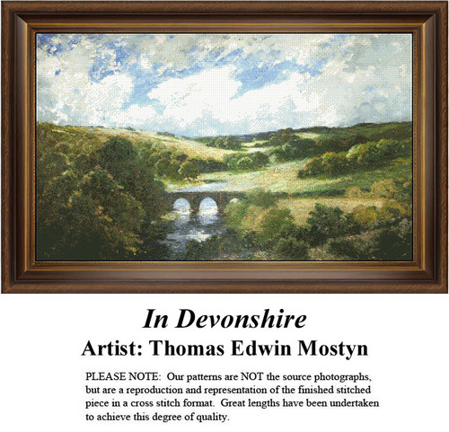 A serene landscape of rolling hills and a stone bridge under a cloudy sky, created as a counted cross stitch pattern by Thomas Edwin Mostyn.