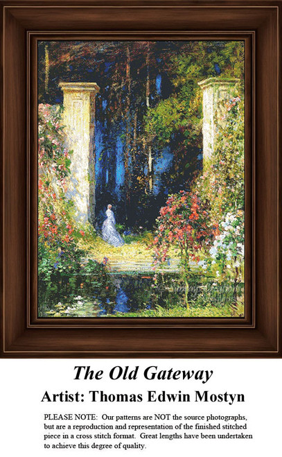 A lush garden entrance with white stone pillars frames a woman in a light dress, designed as a printable pattern by Thomas Edwin Mostyn.