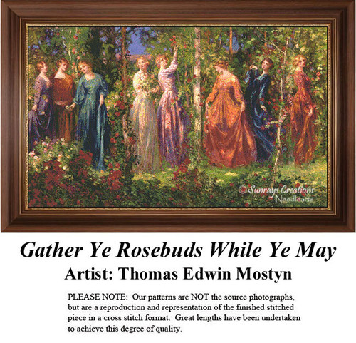 Seven women in flowing dresses stand among lush greenery and roses in this downloadable pattern by Thomas Edwin Mostyn.