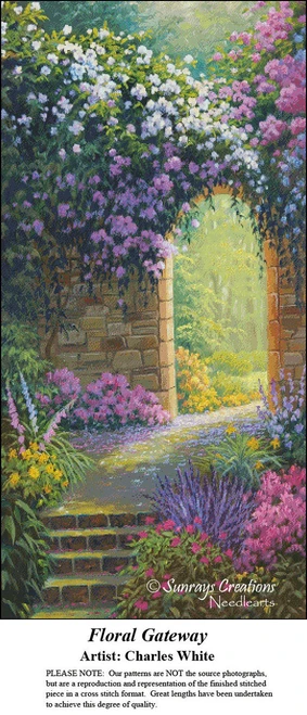 A garden archway covered with white, lavender, and pink flowers stands over stone steps, created as a counted cross stitch pattern.