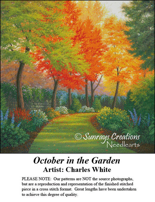 A path curves gently through a garden lined with slender trees displaying fall leaves, arranged as a counted cross stitch design.