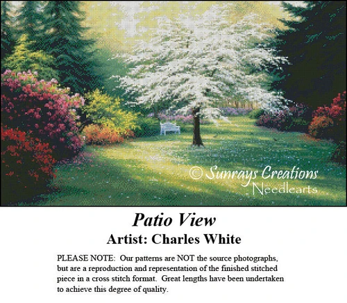 A serene backyard scene with a white dogwood tree and flowering shrubs, arranged as a counted cross stitch design by Charles White.