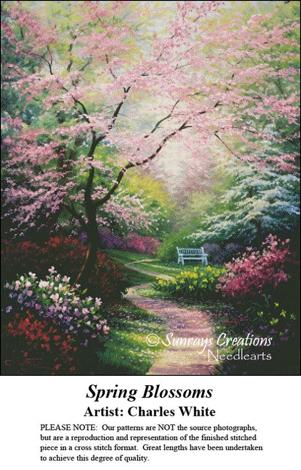 A large pink dogwood tree stands majestically over a meandering path, presented as a cross stitch kit by artist Charles White.