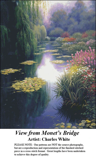 A serene pond with lily pads and vibrant flowers framed by lush greenery, designed as an xstitch chart by Charles White.