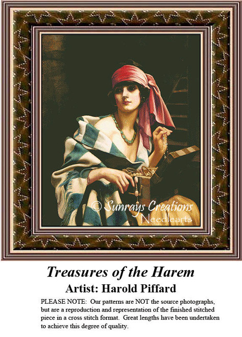 A woman in a striped garment holds a decorative bowl, a digital pattern by Harold Piffard from the 19th-century art movement.