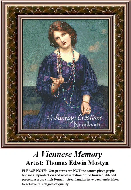 A woman in a flowing purple dress holds beads, set against a calm backdrop, translated into a counted cross stitch design.