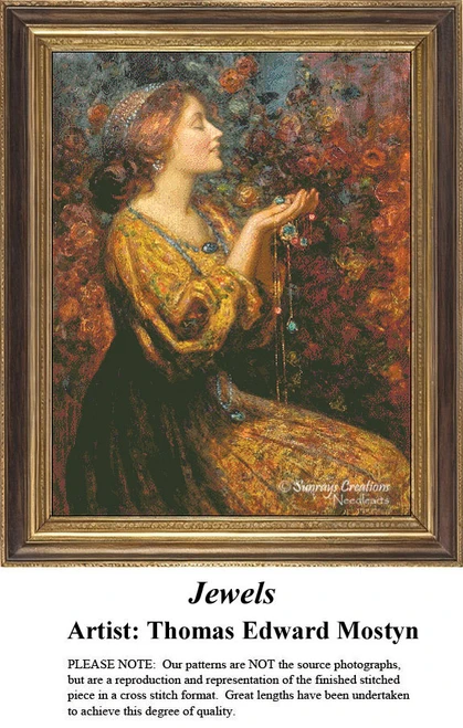 A woman in a golden gown holds shimmering jewels against a backdrop of roses, designed as a large cross stitch pattern by Thomas Edwin Mostyn.