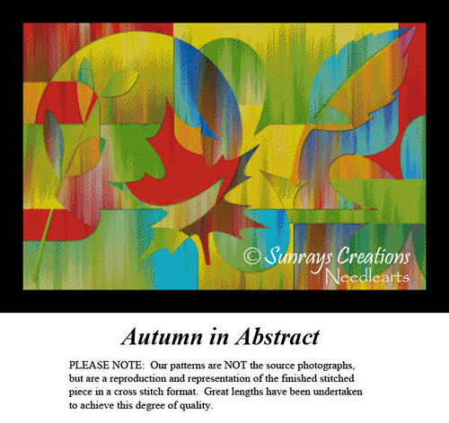 A colorful abstract design featuring autumn leaves and vibrant colors, created as a cross stitch kit suitable for seasonal stitching enthusiasts.