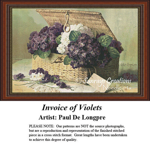 A wicker basket filled with purple and white violets, arranged as a counted cross stitch design by artist Paul De Longpre.