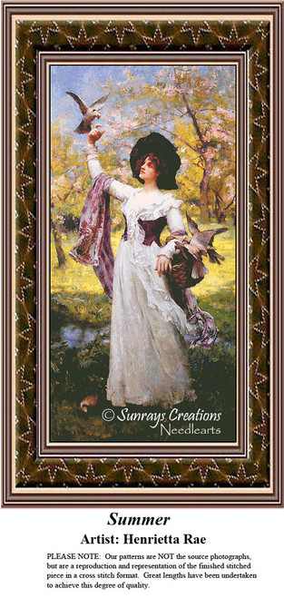 A woman in a flowing white dress stands in a sunlit garden, holding birds and surrounded by nature, as shown in this xstitch chart by Henrietta Rae.