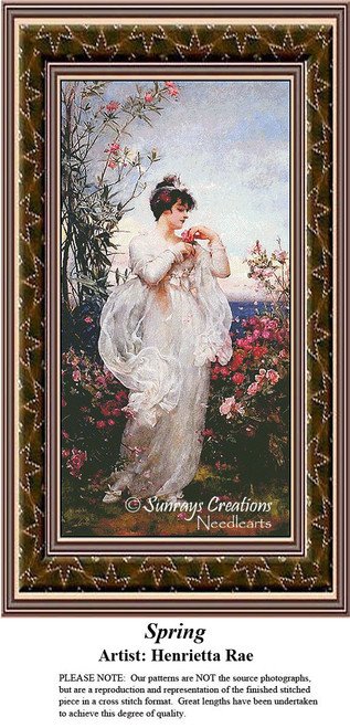 A woman in a flowing white garment stands in a spring garden, holding a flower, designed as an xstitch design by Henrietta Rae.