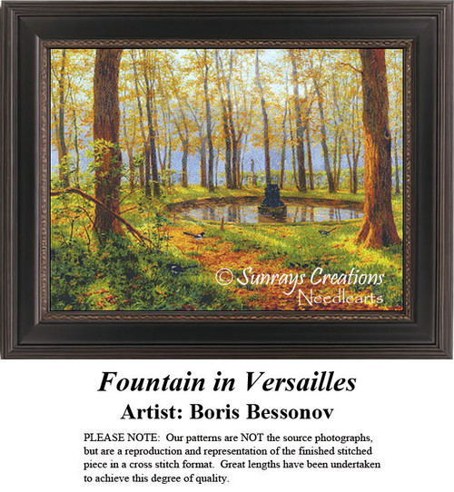 A serene fountain surrounded by tall trees and soft greenery, designed as a PDF pattern from the painting by Boris Bessonov.