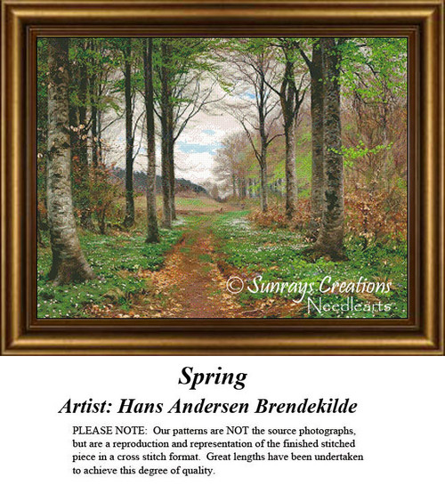 A lush path meanders through a forest of tall trees with gray bark, dotted with wildflowers, in this printable pattern by Hans Andersen Brendekilde.