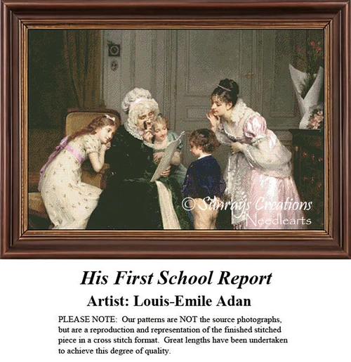 A grandmother reads her grandson's first school report with siblings gathered around, portrayed in a downloadable pattern by Louis-Emile Adan.