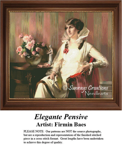 A woman dressed in elegant attire sits thoughtfully in a chair, surrounded by floral arrangements in this large counted cross stitch by Firmin Baes.