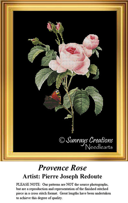 A large pink rose with green leaves and buds, accompanied by a butterfly, created as a counted cross stitch kit by Pierre-Joseph Redoute.