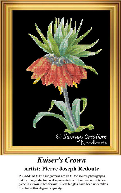 A vibrant flower with red petals and green leaves, transformed into a counted cross stitch pattern by artist Pierre Joseph Redoute.