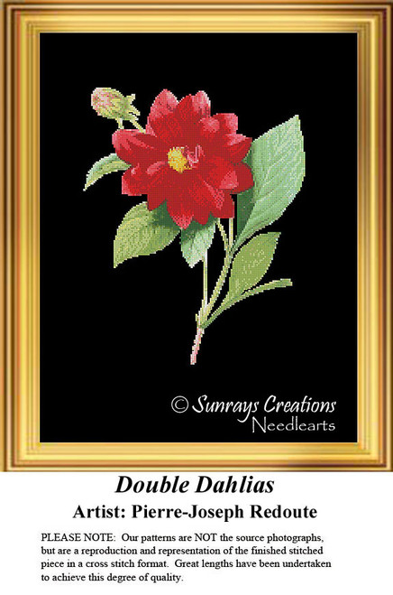 A vibrant red dahlia flower with lush green leaves and a budding flower, presented as a cross stitch pattern by Pierre-Joseph Redoute.