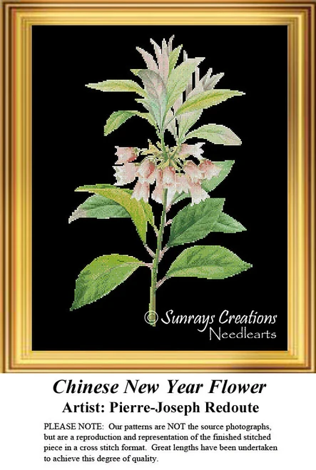 A floral cross stitch design of the Chinese New Year flower, originally drawn by Pierre-Joseph Redoute, featuring pale pink blooms and green leaves.