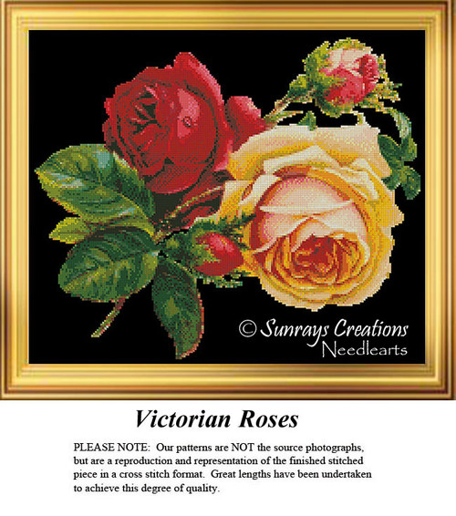 Large red and yellow roses, with two fully open and two ready to bloom, frozen in time as a counted cross stitch pattern.