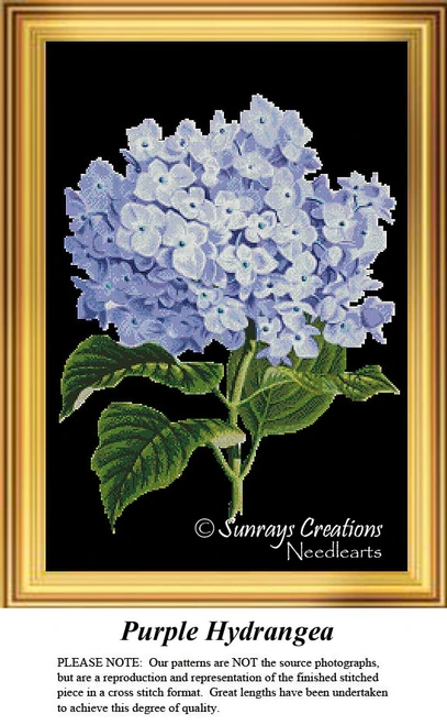 A cluster of purple hydrangea blooms with deep green leaves, designed as an xstitch chart suitable for DMC floss on aida cloth.