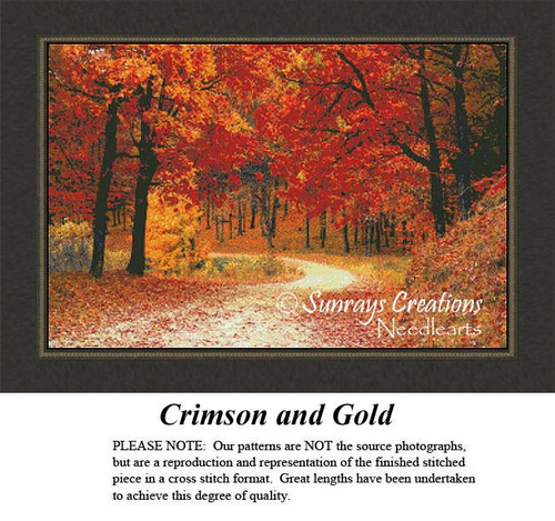A path winds through vibrant autumn trees adorned in crimson and gold leaves, beautifully represented in this digital pattern for cross stitch.