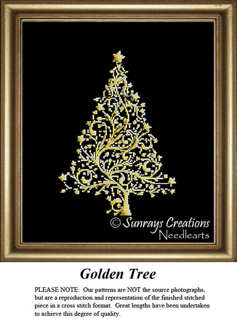 A large counted cross stitch of an ornate golden Christmas tree on a solid black background, displaying a sparkling design and decorative swirls.