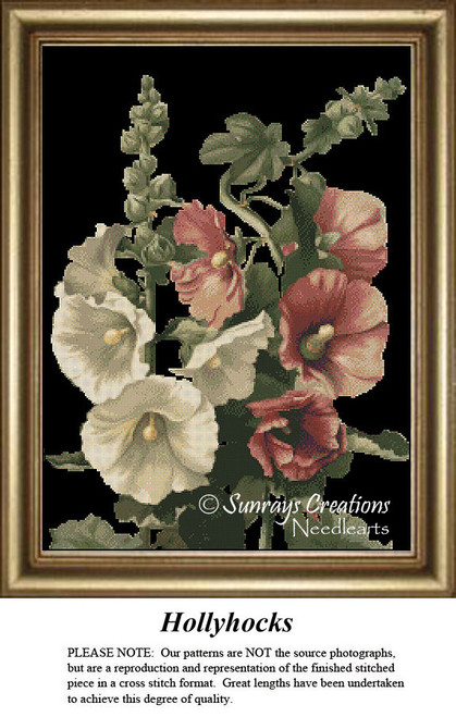 A colorful arrangement of white and antique pink hollyhocks rises against a black background, ideal for a BAP cross stitch project.
