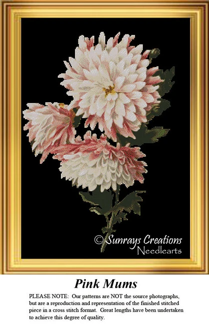 Three pink and cream mums, accented with green leaves, are displayed against a black background, created as a counted cross stitch pattern.
