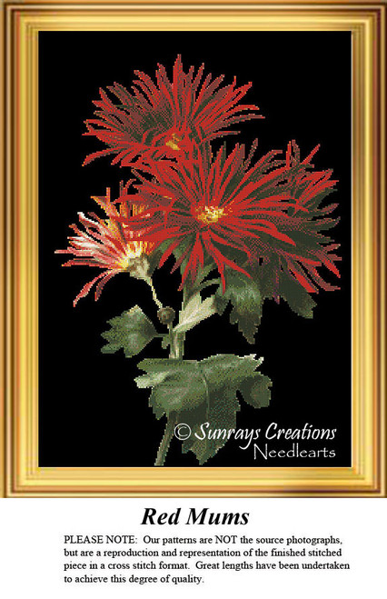 A vibrant display of red mums, highlighted against a black background, designed as a counted cross stitch chart. Green leaves provide a soft contrast.