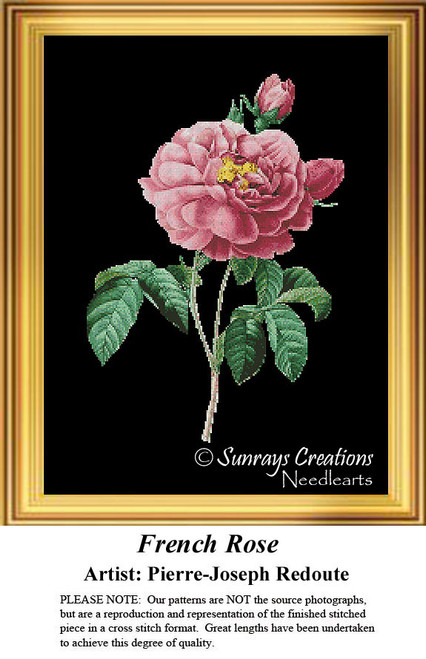 A soft mauve rose with layered petals and green leaves is immortalized as a counted cross stitch pattern by Pierre-Joseph Redoute.