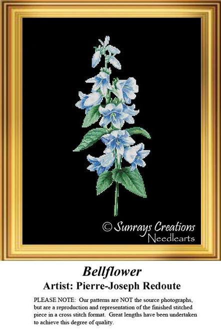 A tall arrangement of blue and white bellflowers blooms against a black background, designed as a cross stitch pattern by Pierre-Joseph Redoute.