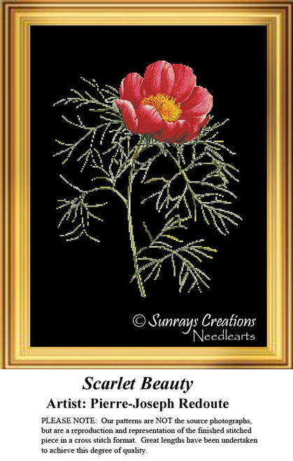 A scarlet flower blooms at the center with a yellow core, surrounded by lacey green leaves in this xstitch design by Pierre-Joseph Redoute.