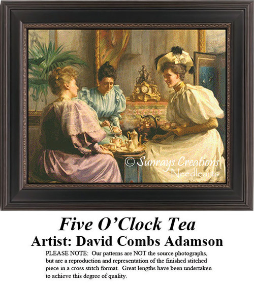Three women enjoy tea in a cozy room, showcasing the tradition of afternoon tea in England, as designed in this PDF pattern by David Combs Adamson.
