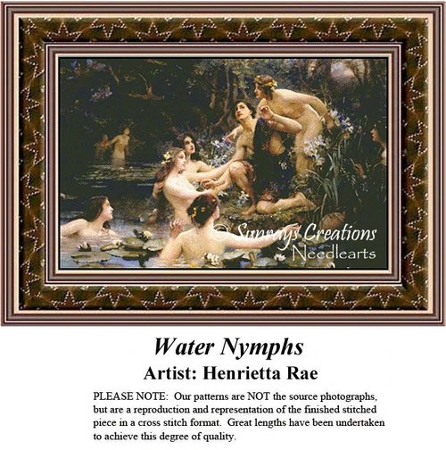 A serene gathering of water nymphs amidst a lush landscape, ready for your next cross stitch project!