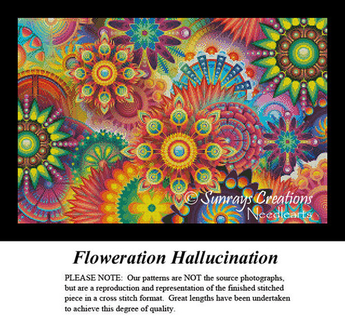 A vibrant collage of swirling floral shapes in bright colors, offered as a downloadable pattern for cross stitch using DMC floss on aida cloth.