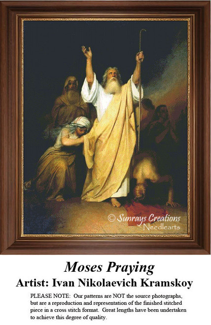 Moses stands with arms raised in prayer, surrounded by bowing Israelites, preserved as a counted cross stitch pattern by Ivan Nikolaevich Kramskoy.
