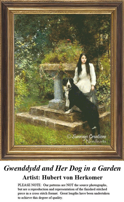 A woman with long dark hair stands beside a stone fountain with her large black and white dog, waiting as your next cross stitch project.