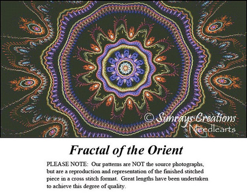 A vibrant, swirling design with bright colors on a black background comes to life as a counted cross stitch design.