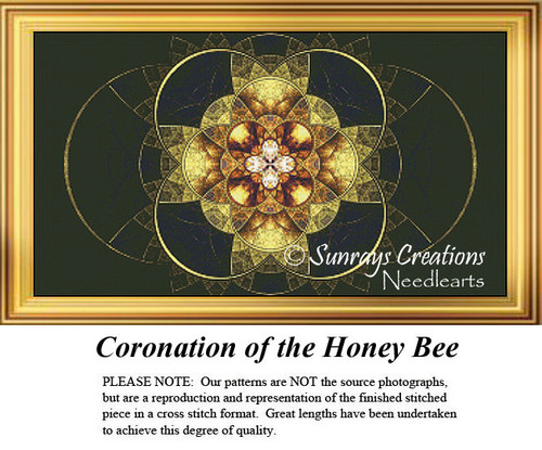 A detailed pattern of a honey bee adorned in golden hues, waiting as your next cross stitch project.