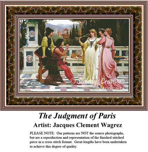 A scene from The Judgment of Paris by Jacques Clement Wagrez, featuring Paris and three goddesses in a lush garden, presented as an xstitch pattern.