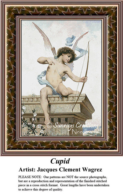 A cherubic figure with wings draws a bow while seated on a stone ledge, yours to stitch as a counted cross stitch chart.