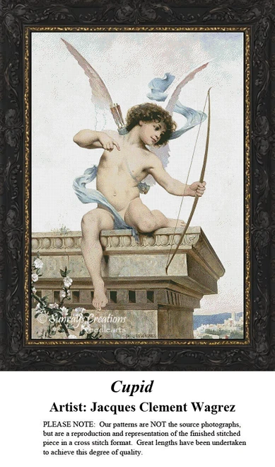 A detailed counted cross-stitch pattern preview of Jacques Clément Wagrez's painting, "Cupid." The 19th-century French Neo-Renaissance design depicts the young god of love with wings and classical drapery, capturing romantic innocence through soft lighting and delicate detail.
