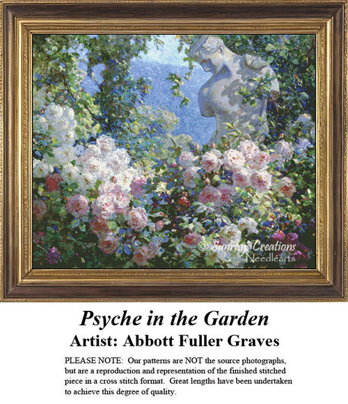A marble statue of Psyche stands among vibrant roses in a lush garden, waiting as your next cross stitch project.