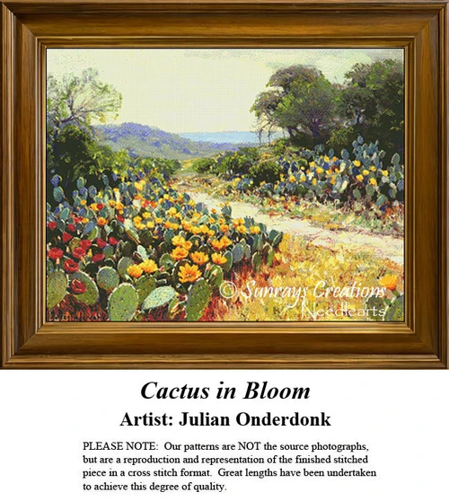 A colorful landscape filled with cacti and vibrant flowers, designed as an xstitch kit from a painting by Julian Onderdonk.