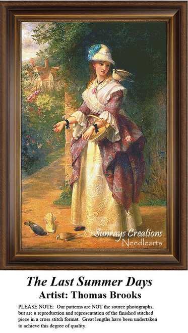 A woman in formal clothing stands in a garden path with birds, one perched on her shoulder, in this printable pattern by Thomas Brooks.