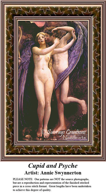 A couple embraced, with Cupid's wings fanning out behind them, stitched as a large counted cross stitch pattern by artist Annie Swynnerton.