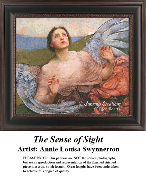A detailed counted cross-stitch pattern preview of Annie Louisa Swynnerton's allegorical painting, "The Sense of Sight." The Symbolist design depicts a winged celestial figure gazing heavenward, capturing an atmosphere of transcendent wonder under luminous light.